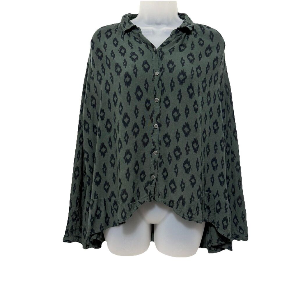Free People Green Ikat Print Button Front Hi Low Blouse Top Size Small